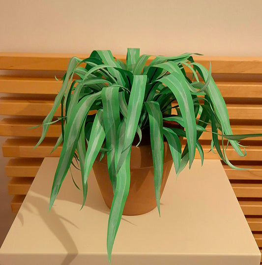 Plante araignée en papier vert clair dans pot en terre cuite – création végétale artisanale Canopée
